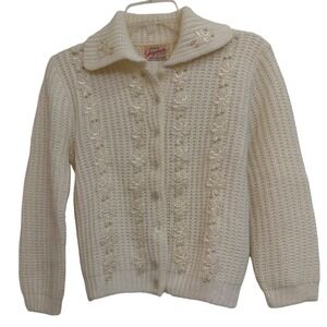 Vintage Jaymar New York Cream Orlon Knit Cardigan Lace Pearl Embellished Sweater